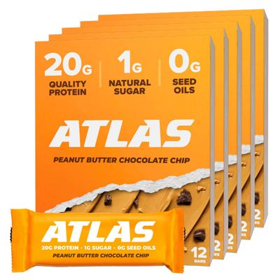 Atlas Real Food Protein Bar 20g Protein, 9g Fiber, 1g Sugar, No Seed Oils, No Artificial Sweeteners (Peanut Butter Chocolate Chip, 60 Count)