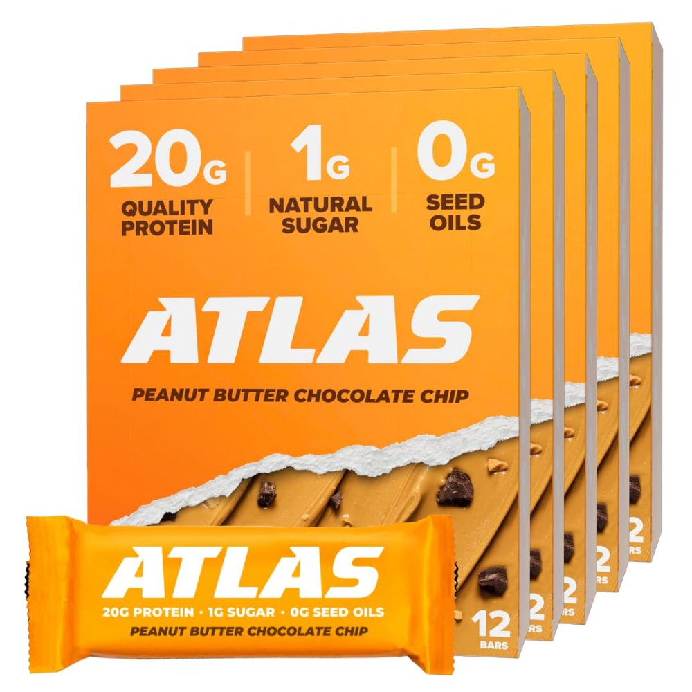 Atlas Real Food Protein Bar 20g Protein, 9g Fiber, 1g Sugar, No Seed Oils, No Artificial Sweeteners (Peanut Butter Chocolate Chip, 60 Count)