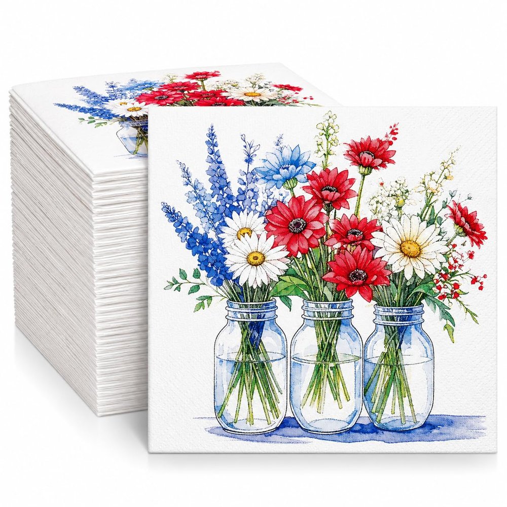 Gift Boutique Patriotic Cocktail Napkins 100 Pack Disposable Beverage Napkins 4th of July Red White Blue Floral Independence Day Party Supplies