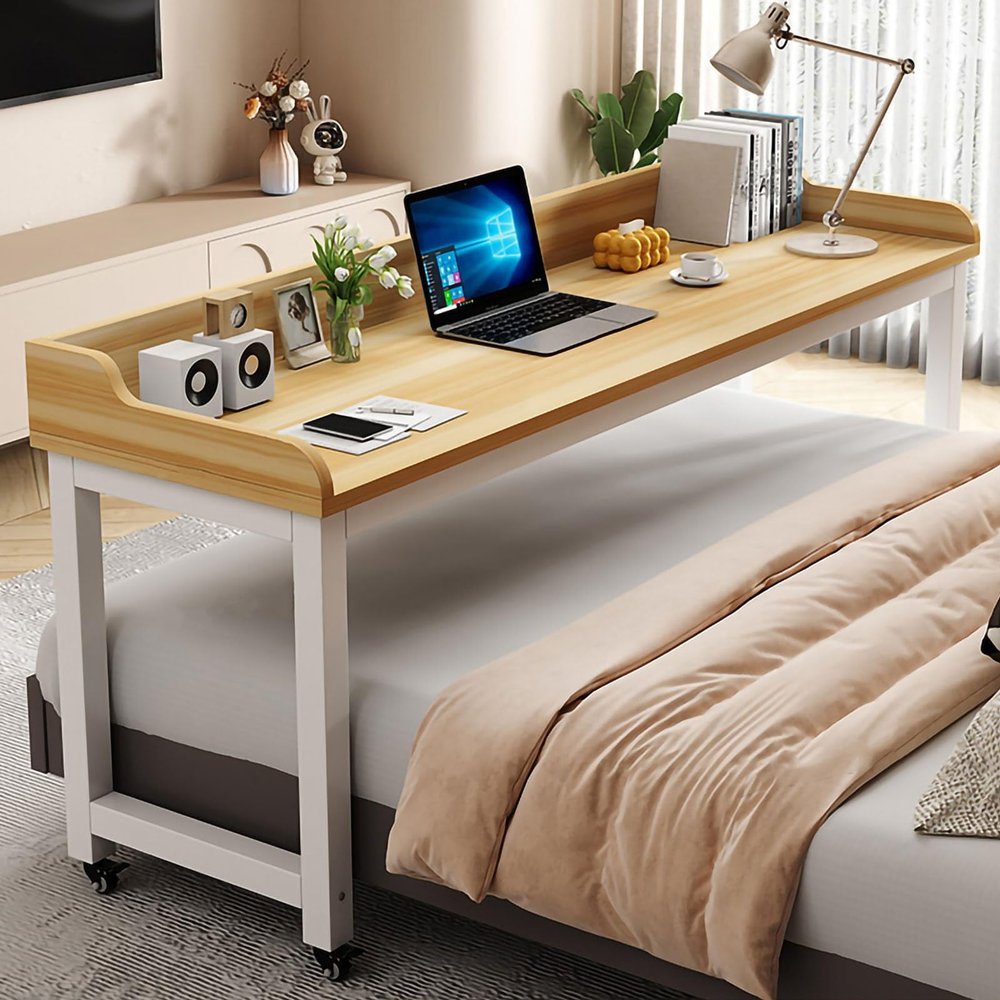 Mobile OverBed Table with 360 Wheels and Heavy - Duty Metal Legs. Laptop Desk for Queen - Sized Beds. Features Baffle Holder, Ideal for Home & Hospital Use(Natural,150cm/59in)