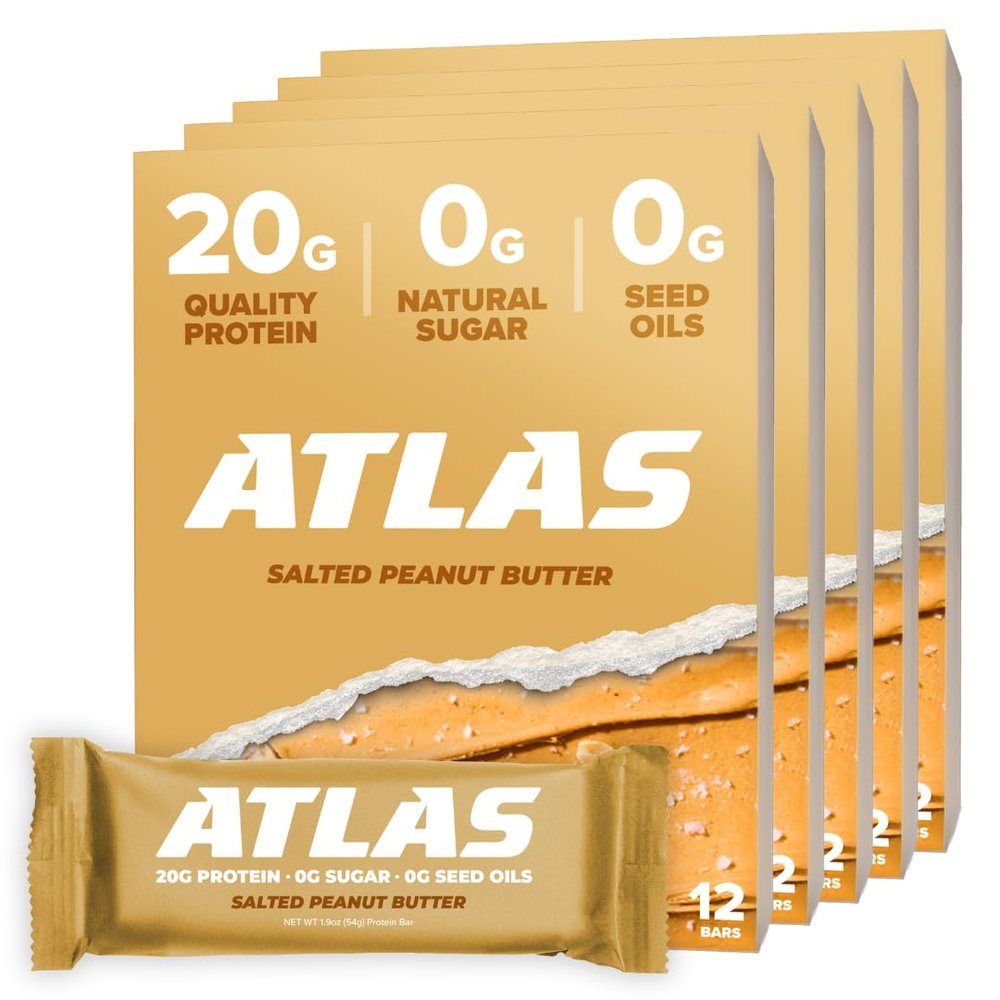 Atlas Real Food Protein Bar 20g Protein, 11g Fiber, 1g Sugar, No Seed Oils, No Artificial Sweeteners (Salted Peanut Butter, 60 Count)