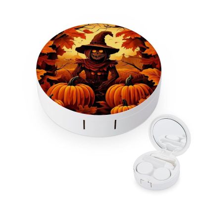 CASOWAT Halloween Pumpkin Scarecrow Contact Lens Case, Portable Round Travel Case with Mirror And 2 Pots, Leak-Proof Compact Storage for Daily Use
