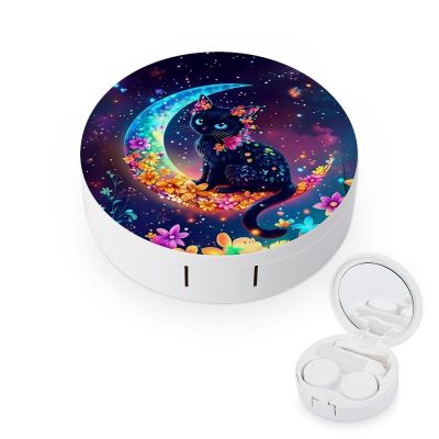 CASOWAT Black Cats Moon Contact Lens Case, Portable Round Travel Case with Mirror And 2 Pots, Leak-Proof Compact Storage for Daily Use