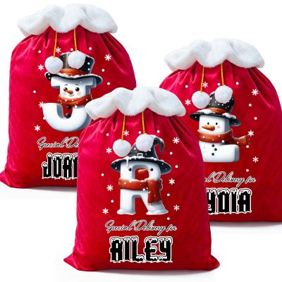 Qubist Personalized Christmas Names Santa Sack Custom Red Large Velvet Gift Drawstring Gift Wrapping Bags with initial & Name For Kids Boys Girls-Black-hatted snowman