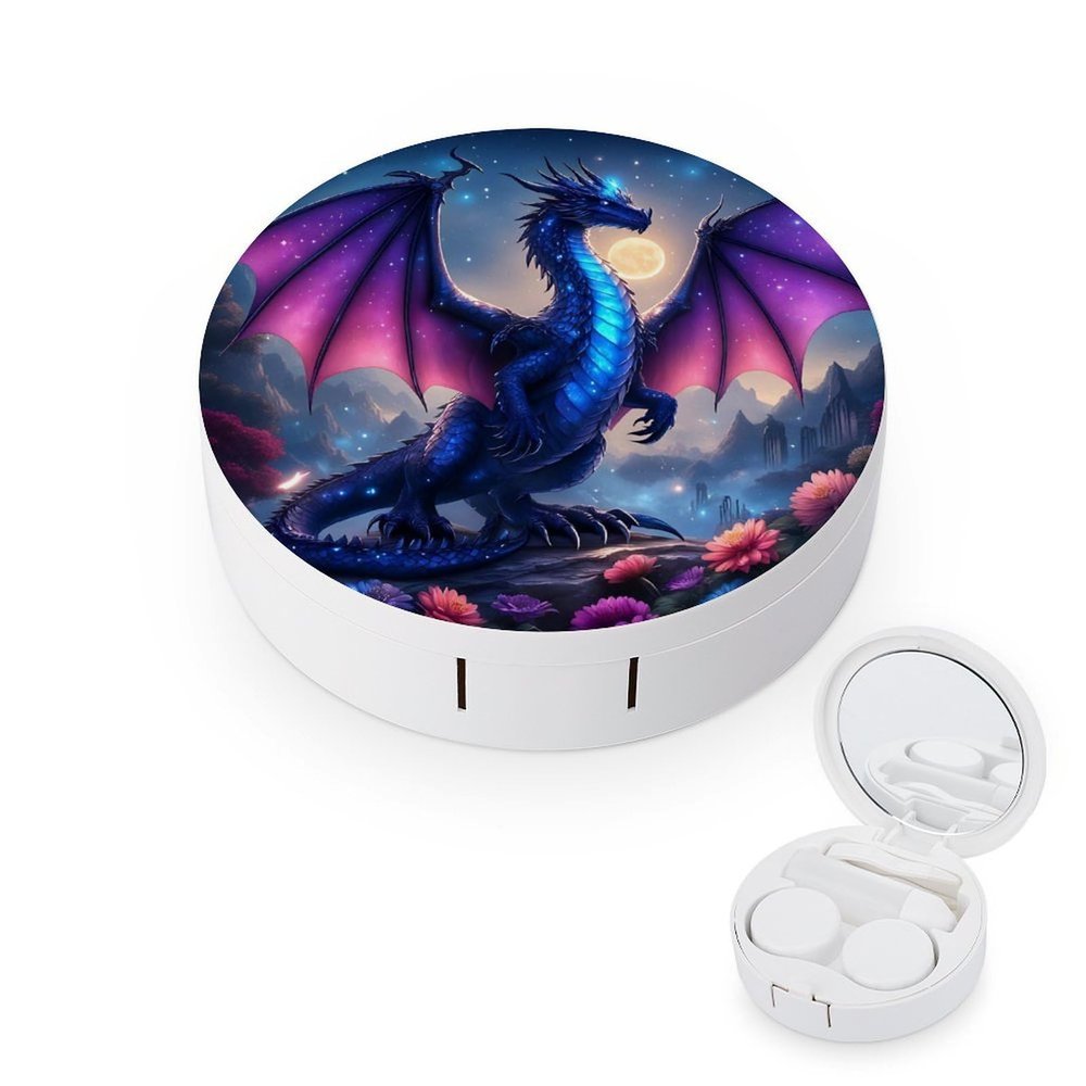 CASOWAT Dragon Contact Lens Case, Portable Round Travel Case with Mirror And 2 Pots, Leak-Proof Compact Storage for Daily Use
