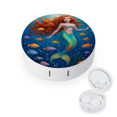 CASOWAT Mermaid Contact Lens Case, Portable Round Travel Case with Mirror And 2 Pots, Leak-Proof Compact Storage for Daily Use
