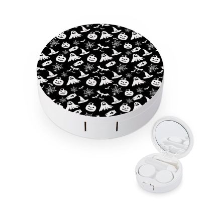 CASOWAT Halloween Pumpkin Ghost Spider Web Contact Lens Case, Portable Round Travel Case with Mirror And 2 Pots, Leak-Proof Compact Storage for Daily Use