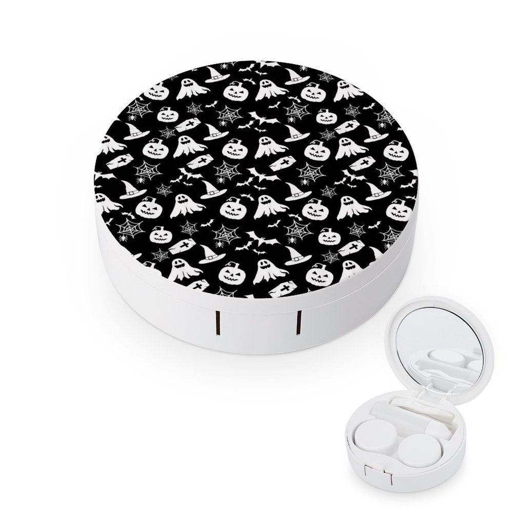 CASOWAT Halloween Pumpkin Ghost Spider Web Contact Lens Case, Portable Round Travel Case with Mirror And 2 Pots, Leak-Proof Compact Storage for Daily Use