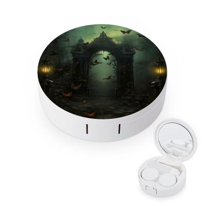 CASOWAT Vintage Halloween Contact Lens Case, Portable Round Travel Case with Mirror And 2 Pots, Leak-Proof Compact Storage for Daily Use
