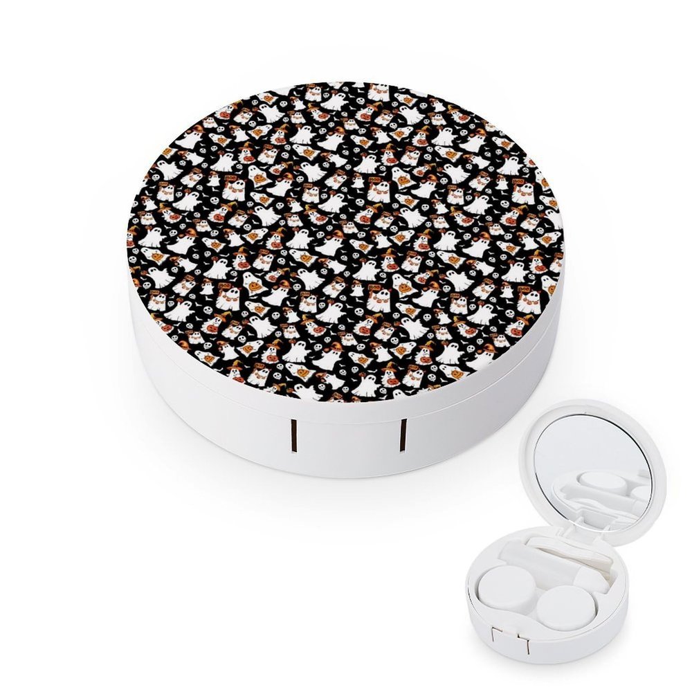 CASOWAT Halloween Ghost Pumpkin Contact Lens Case, Portable Round Travel Case with Mirror And 2 Pots, Leak-Proof Compact Storage for Daily Use