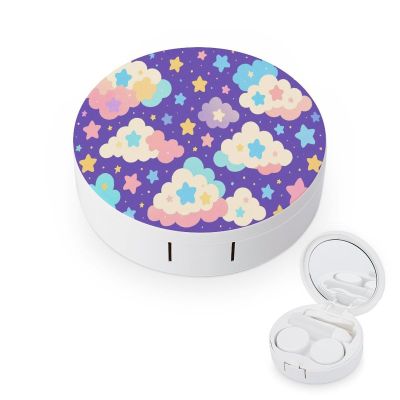 CASOWAT Cute Colorful Cloud And Star Contact Lens Case, Portable Round Travel Case with Mirror And 2 Pots, Leak-Proof Compact Storage for Daily Use