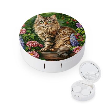 CASOWAT Cute Cat with Flowers Contact Lens Case, Portable Round Travel Case with Mirror And 2 Pots, Leak-Proof Compact Storage for Daily Use