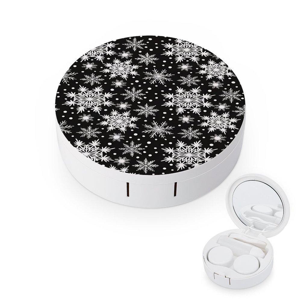 CASOWAT Winter Snowflakes Contact Lens Case, Portable Round Travel Case with Mirror And 2 Pots, Leak-Proof Compact Storage for Daily Use