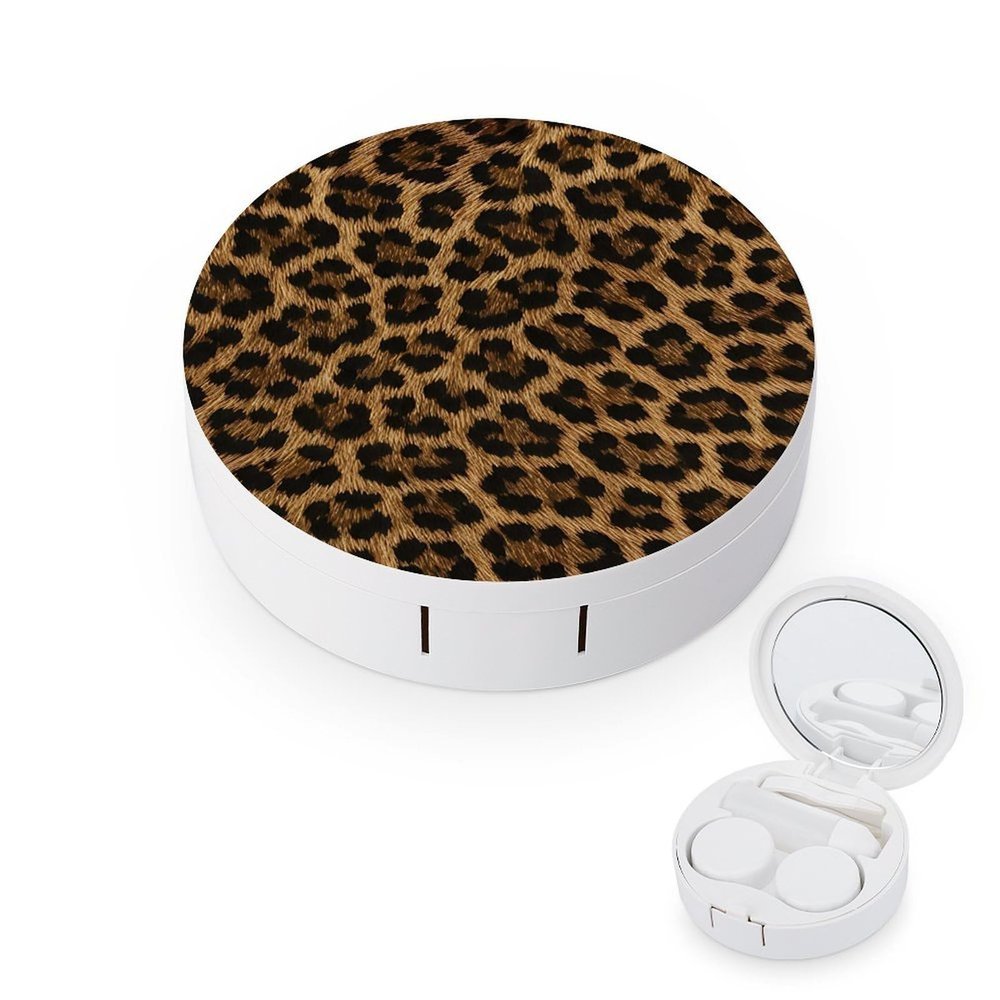 CASOWAT Leopard Print Contact Lens Case, Portable Round Travel Case with Mirror And 2 Pots, Leak-Proof Compact Storage for Daily Use
