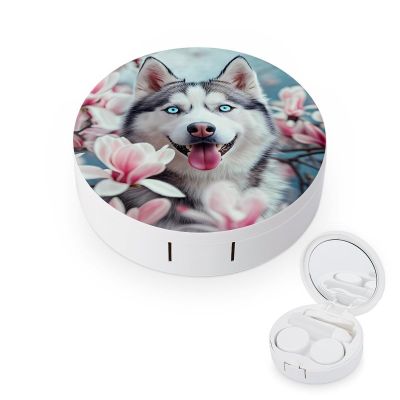 CASOWAT Husky Dog Contact Lens Case, Portable Round Travel Case with Mirror And 2 Pots, Leak-Proof Compact Storage for Daily Use