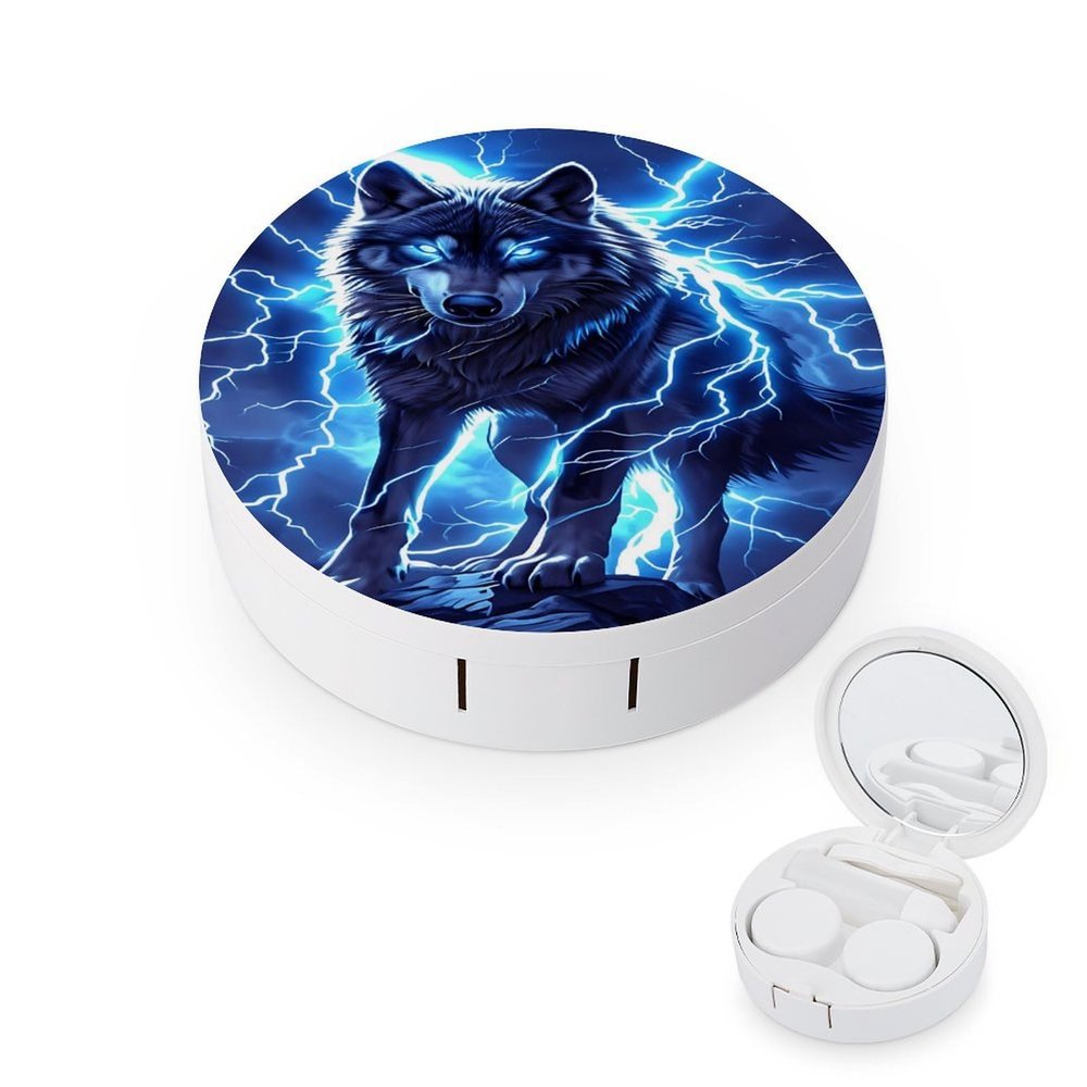 CASOWAT Lightning Wolf Contact Lens Case, Portable Round Travel Case with Mirror And 2 Pots, Leak-Proof Compact Storage for Daily Use
