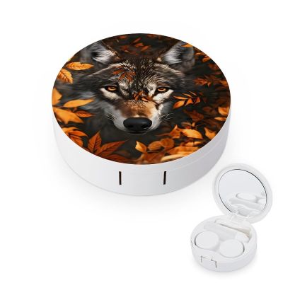 CASOWAT Autumn Wolf Contact Lens Case, Portable Round Travel Case with Mirror And 2 Pots, Leak-Proof Compact Storage for Daily Use