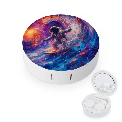 CASOWAT Space Astronaut Surfing Contact Lens Case, Portable Round Travel Case with Mirror And 2 Pots, Leak-Proof Compact Storage for Daily Use