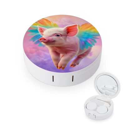 CASOWAT Cute Angel Pig Rainbow Wing Contact Lens Case, Portable Round Travel Case with Mirror And 2 Pots, Leak-Proof Compact Storage for Daily Use