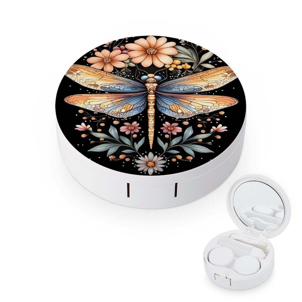 CASOWAT Dragonfly Contact Lens Case, Portable Round Travel Case with Mirror And 2 Pots, Leak-Proof Compact Storage for Daily Use