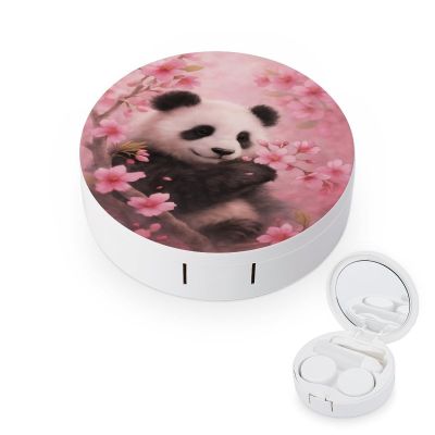 CASOWAT Cute Panda Cherry Contact Lens Case, Portable Round Travel Case with Mirror And 2 Pots, Leak-Proof Compact Storage for Daily Use