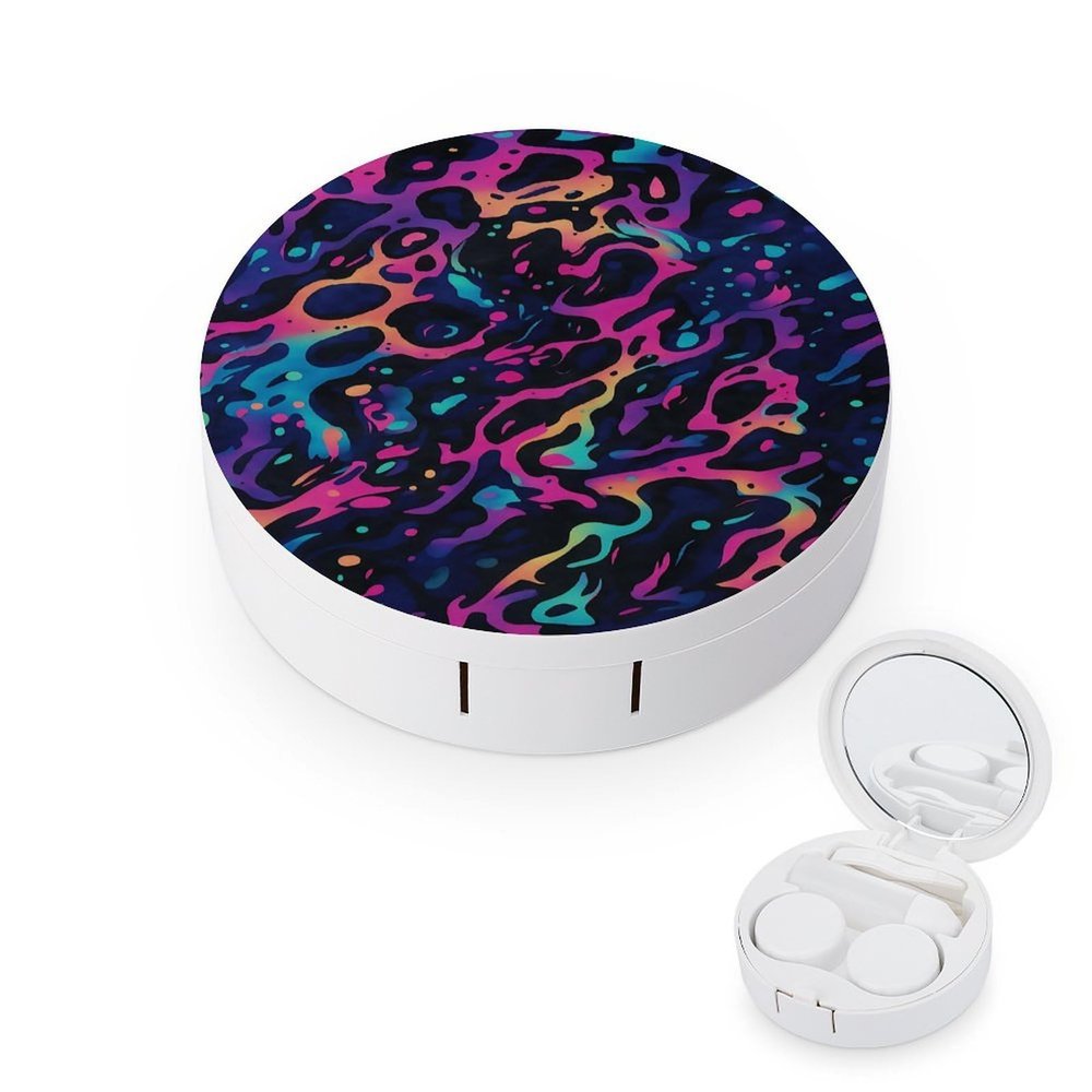 CASOWAT Neon Leopard Contact Lens Case, Portable Round Travel Case with Mirror And 2 Pots, Leak-Proof Compact Storage for Daily Use