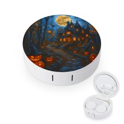 CASOWAT Halloween Scary Haunted House Contact Lens Case, Portable Round Travel Case with Mirror And 2 Pots, Leak-Proof Compact Storage for Daily Use