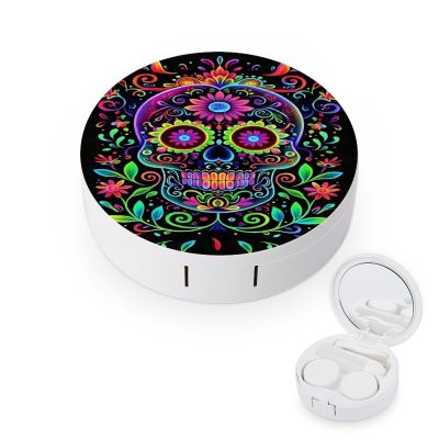 CASOWAT Sugar Skull Contact Lens Case, Portable Round Travel Case with Mirror And 2 Pots, Leak-Proof Compact Storage for Daily Use