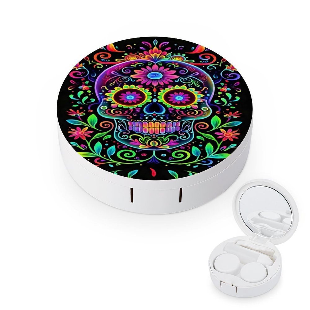 CASOWAT Sugar Skull Contact Lens Case, Portable Round Travel Case with Mirror And 2 Pots, Leak-Proof Compact Storage for Daily Use