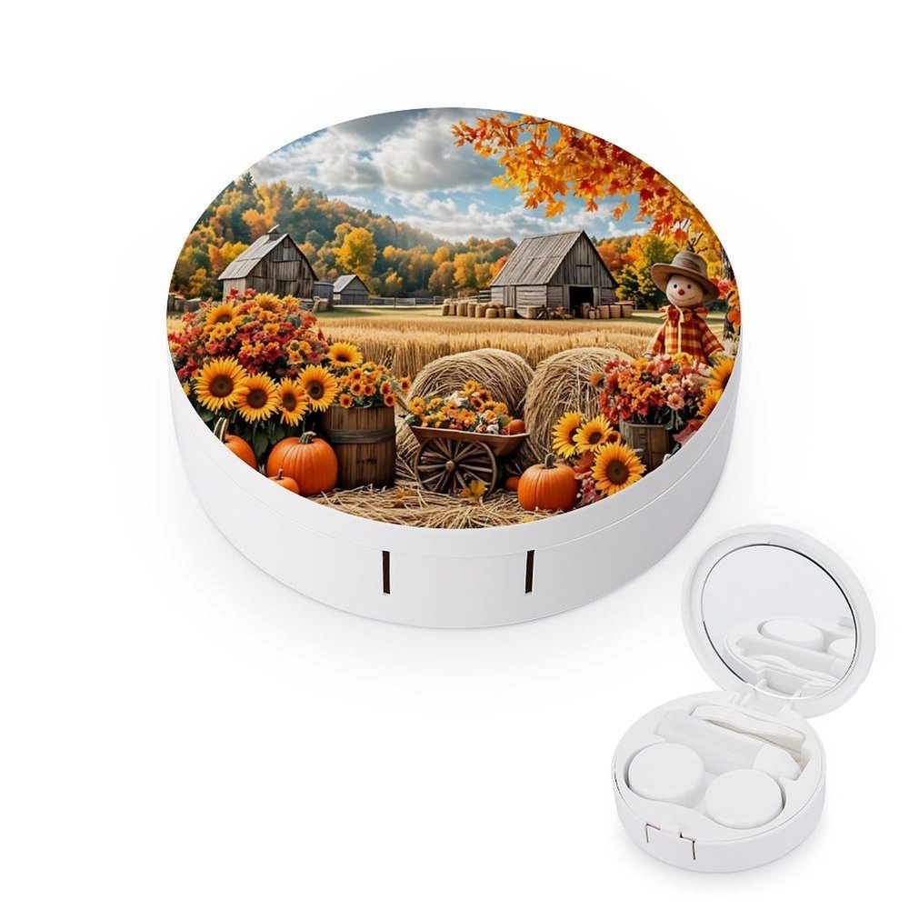 CASOWAT Fall Thanksgiving Autumn Maple Leaves Pumpkin Contact Lens Case, Portable Round Travel Case with Mirror And 2 Pots, Leak-Proof Compact Storage for Daily Use