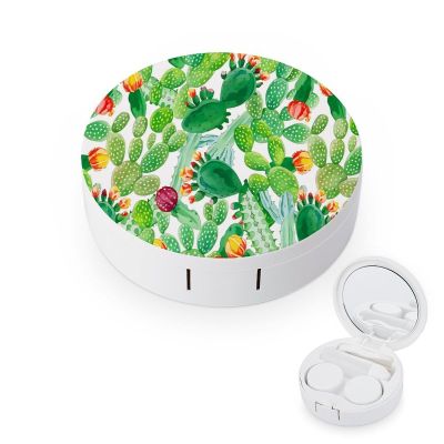 CASOWAT Green Cactus Contact Lens Case, Portable Round Travel Case with Mirror And 2 Pots, Leak-Proof Compact Storage for Daily Use