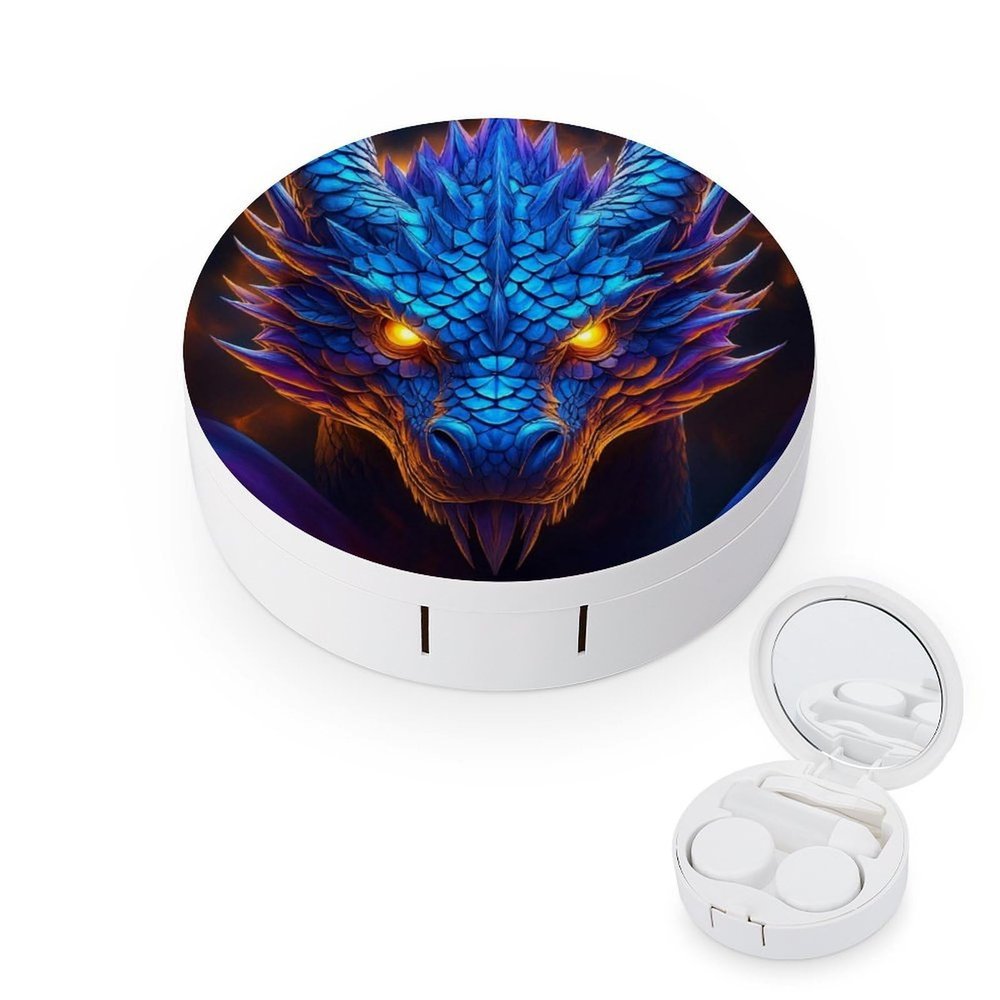 CASOWAT Blue Dragon Contact Lens Case, Portable Round Travel Case with Mirror And 2 Pots, Leak-Proof Compact Storage for Daily Use