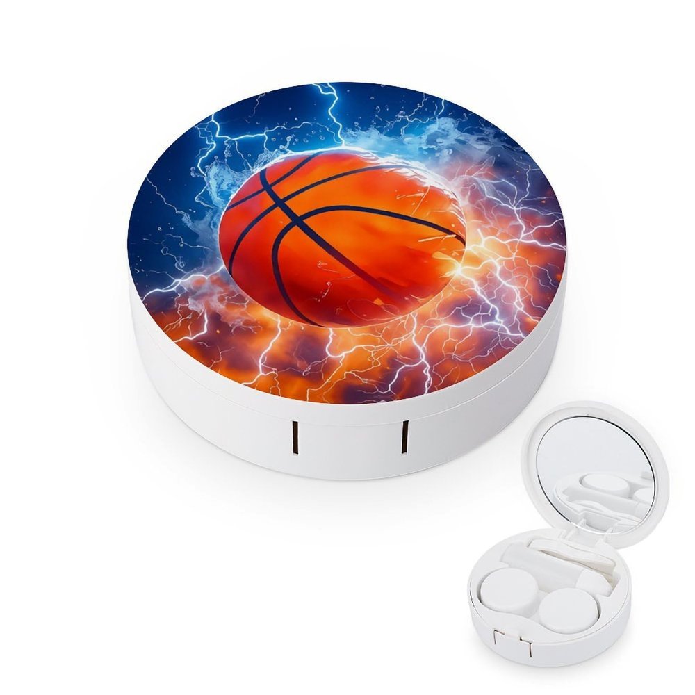CASOWAT Basketball Contact Lens Case, Portable Round Travel Case with Mirror And 2 Pots, Leak-Proof Compact Storage for Daily Use