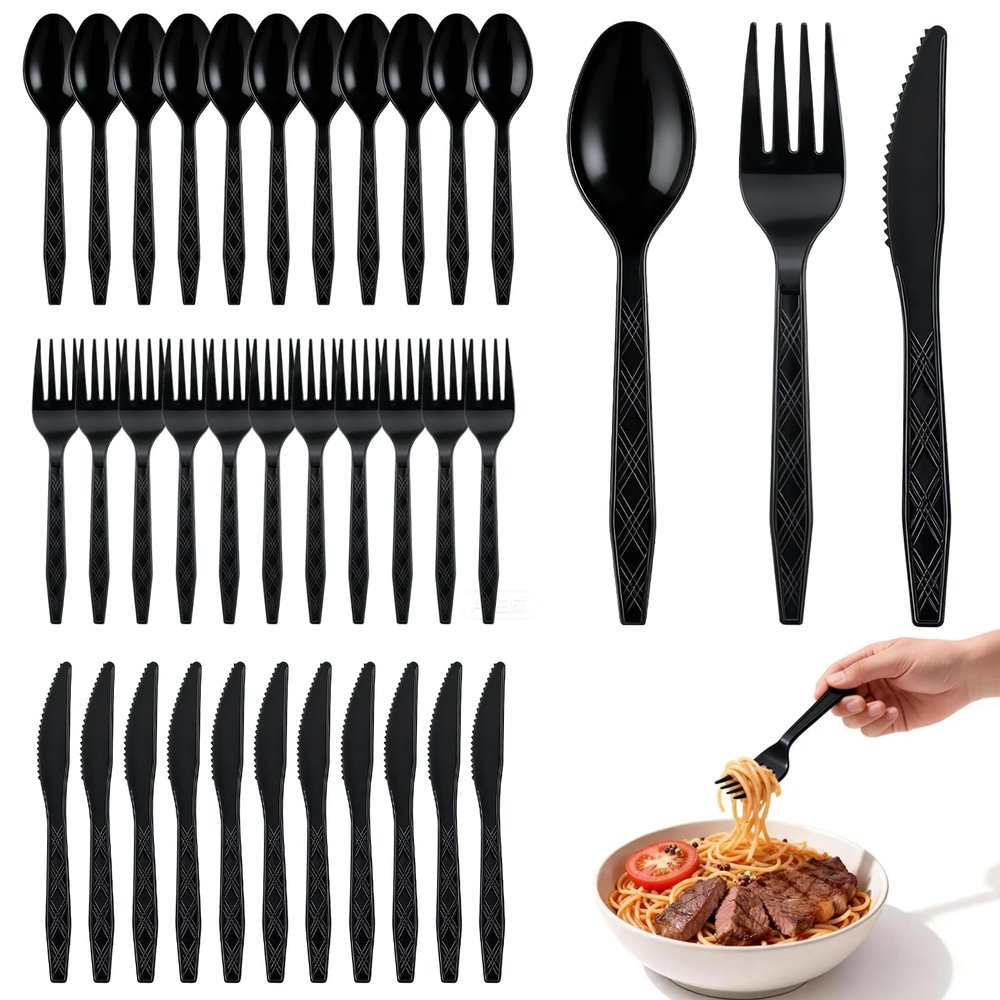 360-Pack Plastic Black Silverware Set, Disposable Cutlery