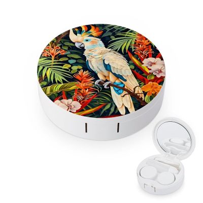 CASOWAT Tropical Bird Parrot Contact Lens Case, Portable Round Travel Case with Mirror And 2 Pots, Leak-Proof Compact Storage for Daily Use