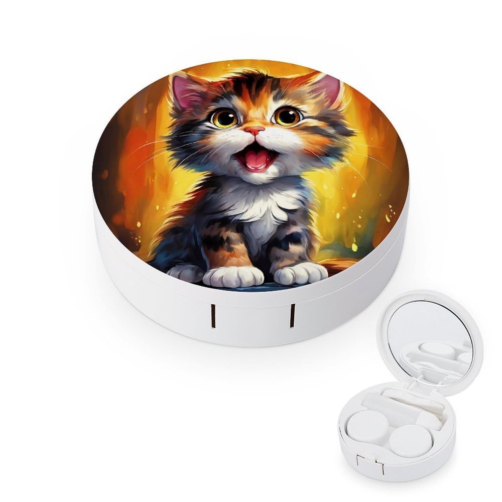 CASOWAT Cartoon Kitten Cat Contact Lens Case, Portable Round Travel Case with Mirror And 2 Pots, Leak-Proof Compact Storage for Daily Use