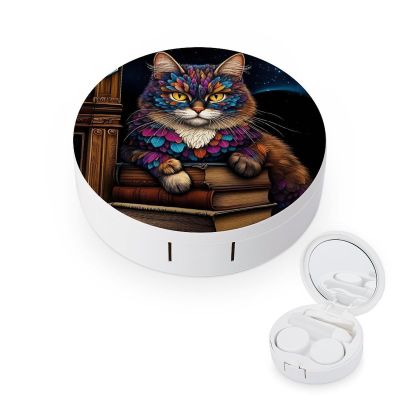 CASOWAT Colorful Cat Contact Lens Case, Portable Round Travel Case with Mirror And 2 Pots, Leak-Proof Compact Storage for Daily Use