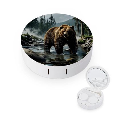 CASOWAT Bear Forest Scene Contact Lens Case, Portable Round Travel Case with Mirror And 2 Pots, Leak-Proof Compact Storage for Daily Use