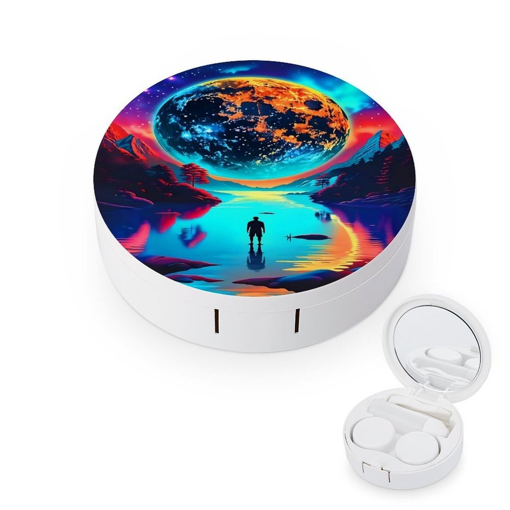 CASOWAT Planet Space Contact Lens Case, Portable Round Travel Case with Mirror And 2 Pots, Leak-Proof Compact Storage for Daily Use