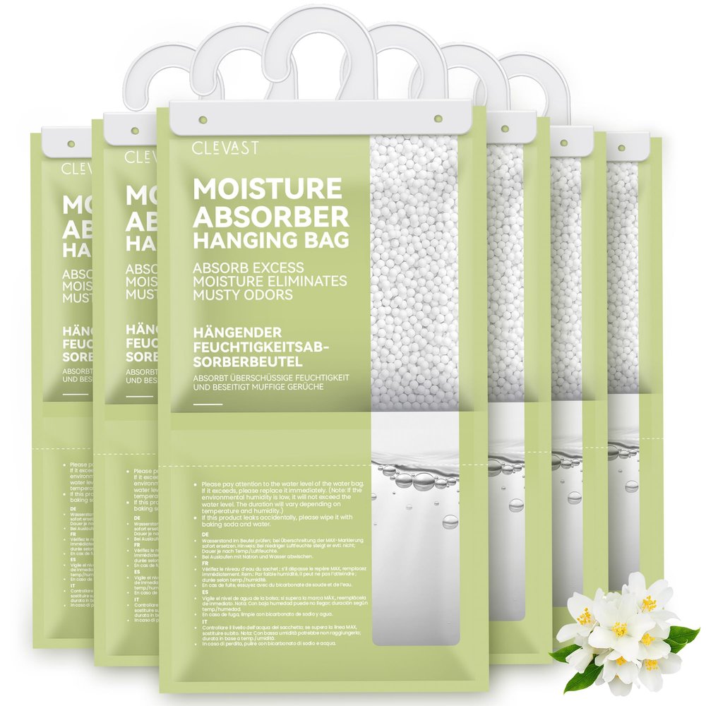 CLEVAST Moisture Absorbers Packets - 15.2 OZ, 6 Pack Large Dehumidifier Bags for Closet, Hanging Humidity Absorber in Wardrobes, Bedrooms, Bathrooms - Jasmine Scented