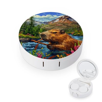 CASOWAT Cute Capybara Contact Lens Case, Portable Round Travel Case with Mirror And 2 Pots, Leak-Proof Compact Storage for Daily Use