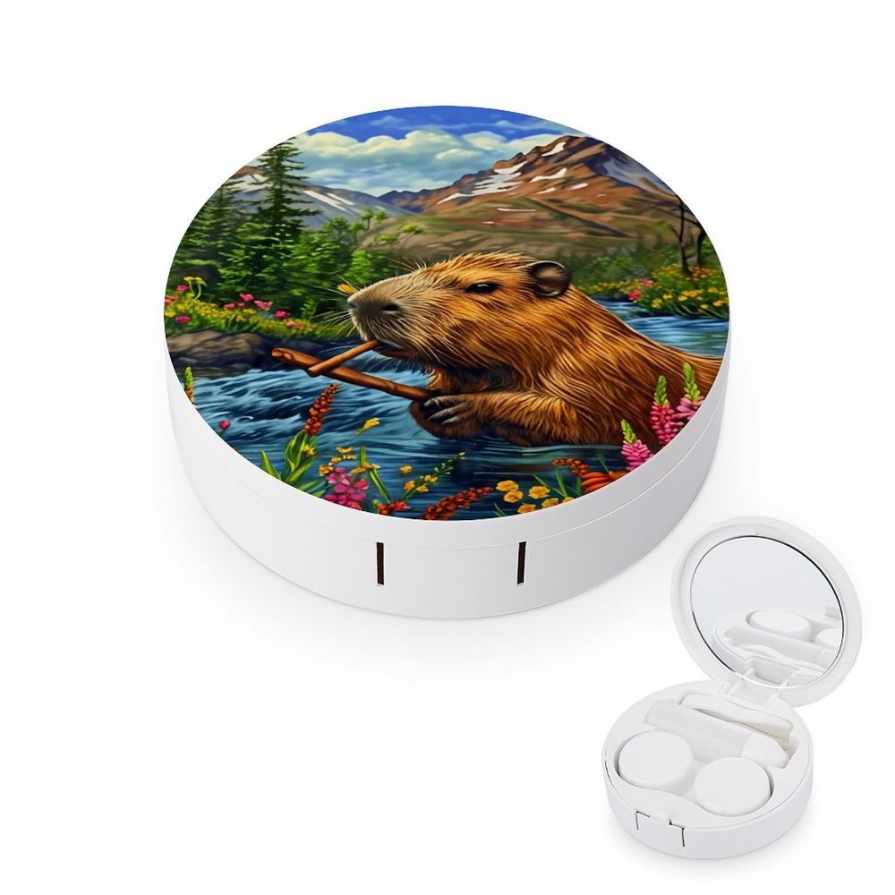 CASOWAT Cute Capybara Contact Lens Case, Portable Round Travel Case with Mirror And 2 Pots, Leak-Proof Compact Storage for Daily Use