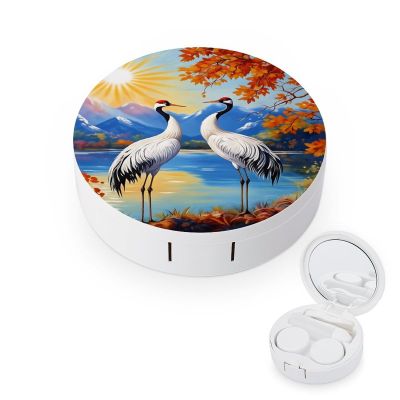 CASOWAT Cute Crane Contact Lens Case, Portable Round Travel Case with Mirror And 2 Pots, Leak-Proof Compact Storage for Daily Use