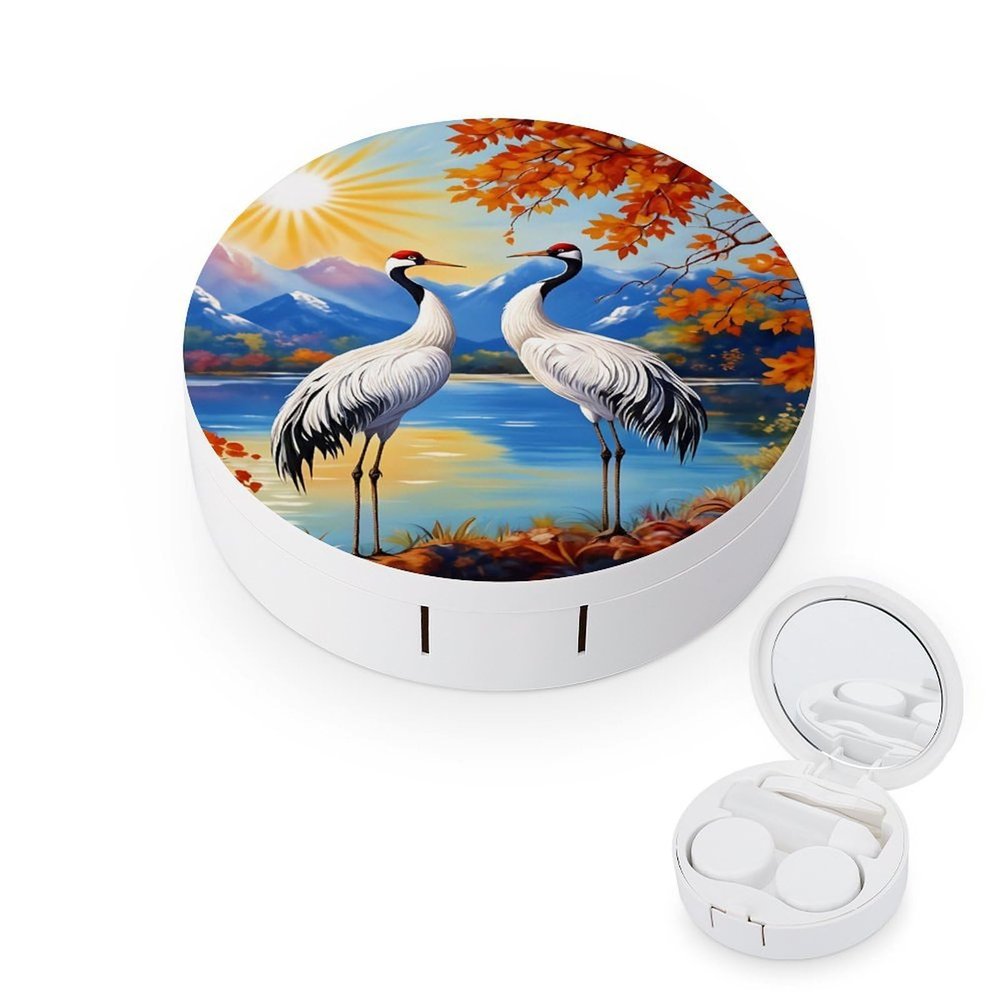 CASOWAT Cute Crane Contact Lens Case, Portable Round Travel Case with Mirror And 2 Pots, Leak-Proof Compact Storage for Daily Use