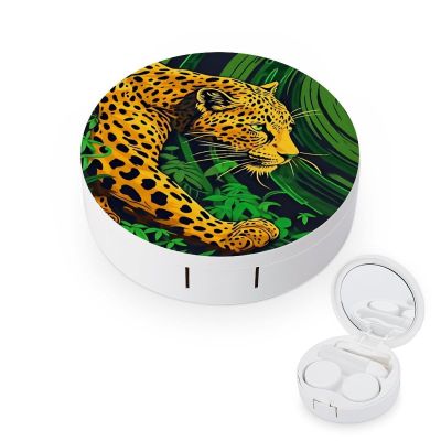 CASOWAT Jungle Leopard Contact Lens Case, Portable Round Travel Case with Mirror And 2 Pots, Leak-Proof Compact Storage for Daily Use