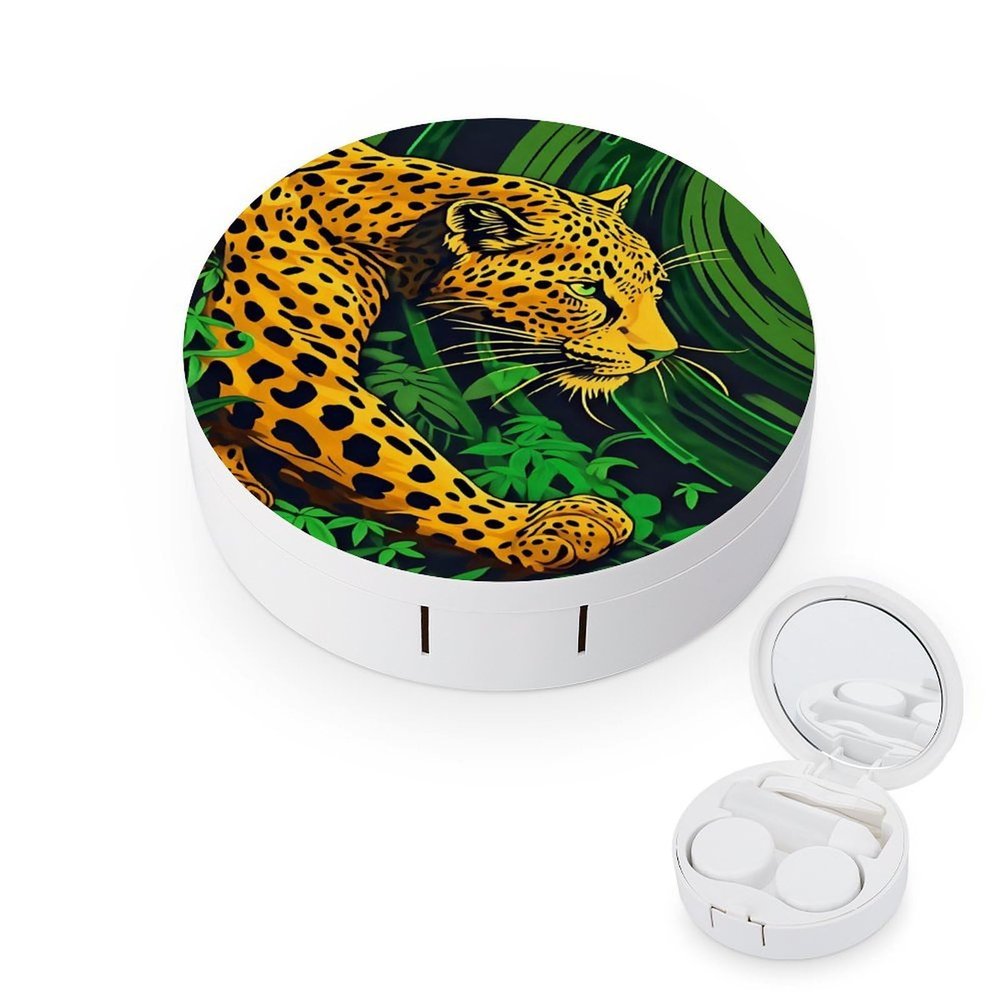 CASOWAT Jungle Leopard Contact Lens Case, Portable Round Travel Case with Mirror And 2 Pots, Leak-Proof Compact Storage for Daily Use