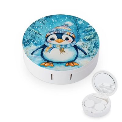 CASOWAT Cute Penguin Contact Lens Case, Portable Round Travel Case with Mirror And 2 Pots, Leak-Proof Compact Storage for Daily Use