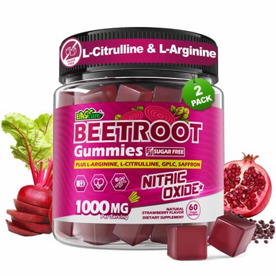 Beet Root Gummies with L-Citrulline & L-Arginine, Nitric Oxide Supplements for Men & Women, Grape Seed, Pomegranate, Saffron for Healthy Circulation, Vsculr & Vitality, Vegan, Sugar Free, 120Cts