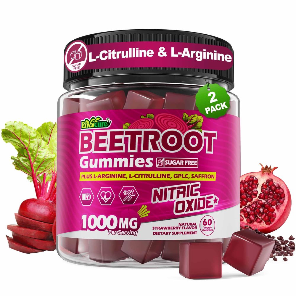 Beet Root Gummies with L-Citrulline & L-Arginine, Nitric Oxide Supplements for Men & Women, Grape Seed, Pomegranate, Saffron for Healthy Circulation, Vsculr & Vitality, Vegan, Sugar Free, 120Cts