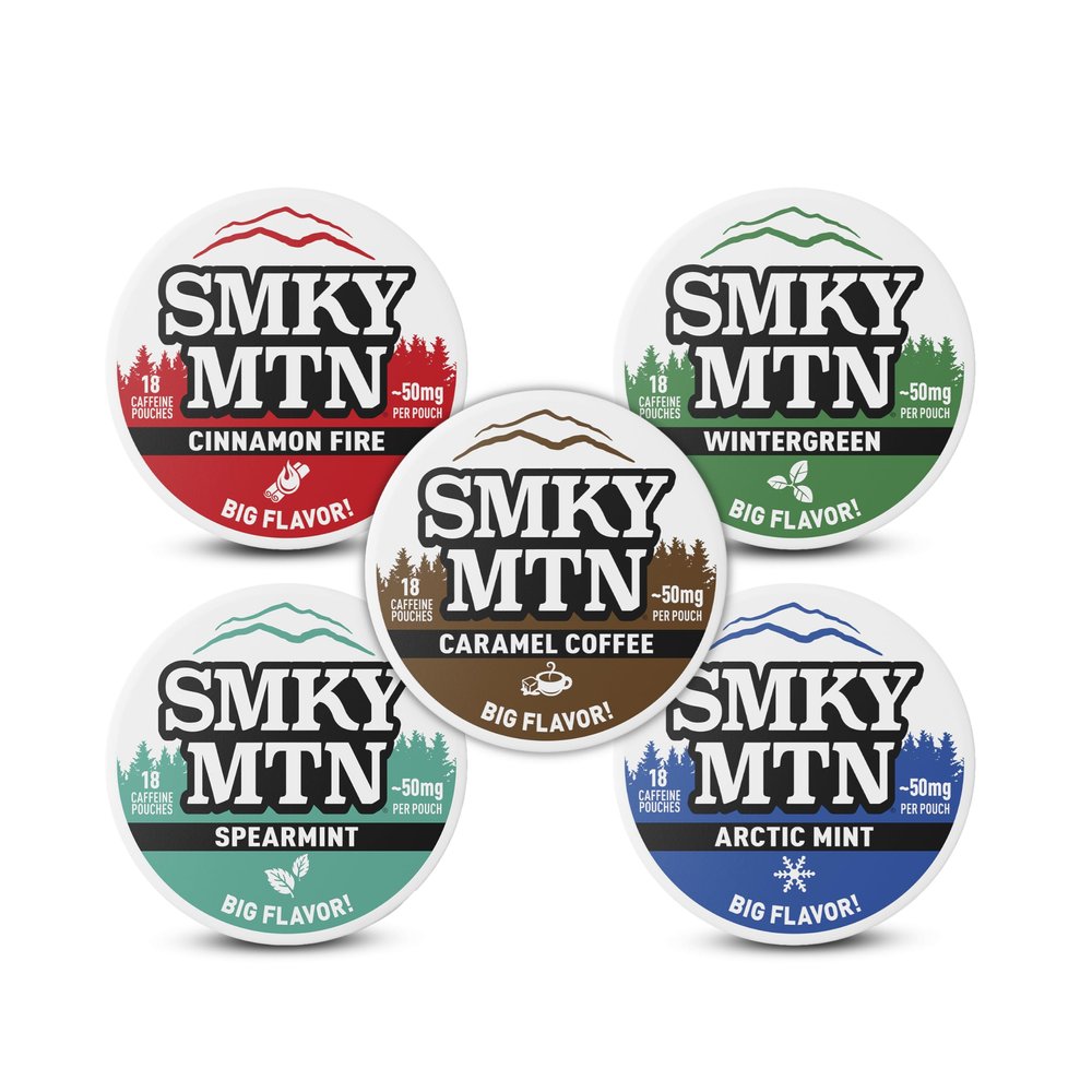 SMOKEY MOUNTAIN Caffeinated Pouches - 5 Can Sampler Pack - 1 Each of Wintergreen, Spearmint, Arctic Mint, Caramel Coffee, & Cinnamon Fire - 15 Pouches Per Can